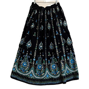 Vintage Take Two Cotton Black Midi Skirt Beaded Sequin Boho Festival Size L
